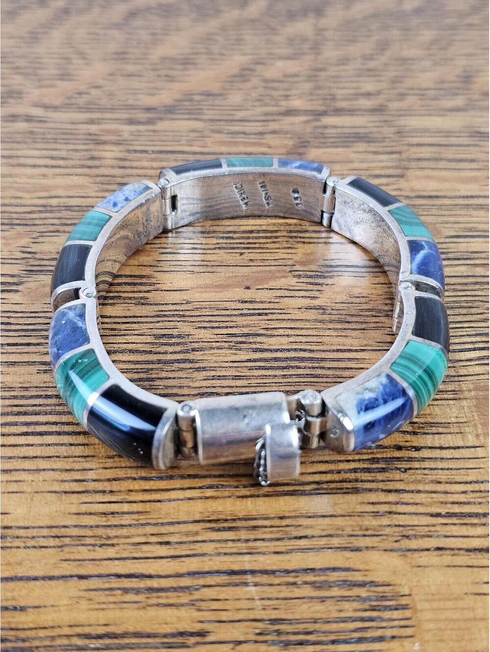 Vintage Taxco Mexico 950 Silver Malachite Sodalite Onyx Inlay Bracelet 70g 7" - Picture 8 of 11